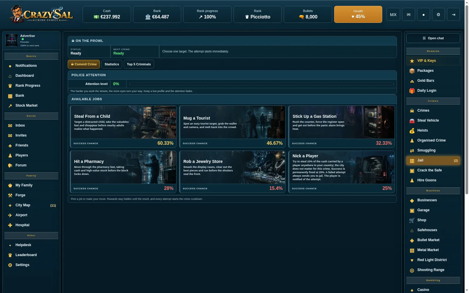 Crime list in Crazy Sal with a picture, success chance and payout per crime