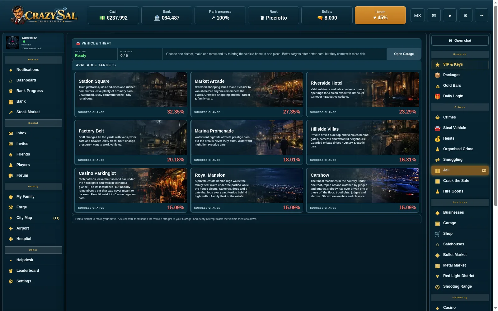 Vehicle theft screen with city districts, the success chance per district and a link to the garage
