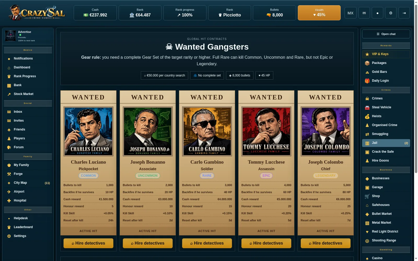 Wanted gangsters with hit contracts, the bullets needed and the bounty per target