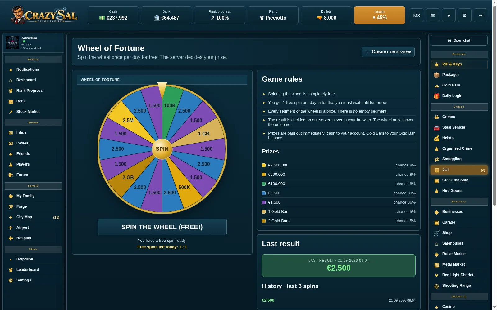 Crazy Sal gameplay: Wheel of fortune